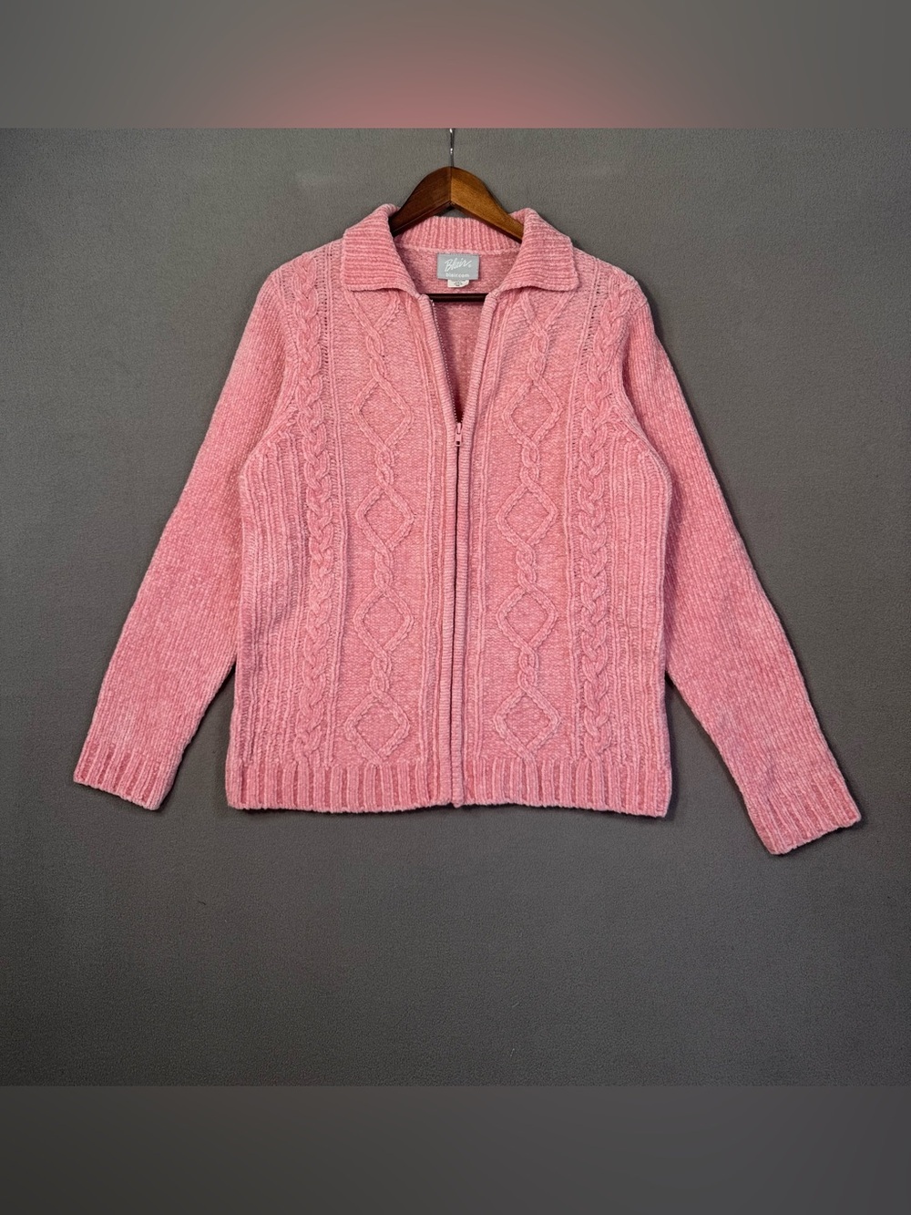 Cottagcore Vintage Y2K Blair Pink Cable Knit Full Zip Cardigan w/ Collar, Large